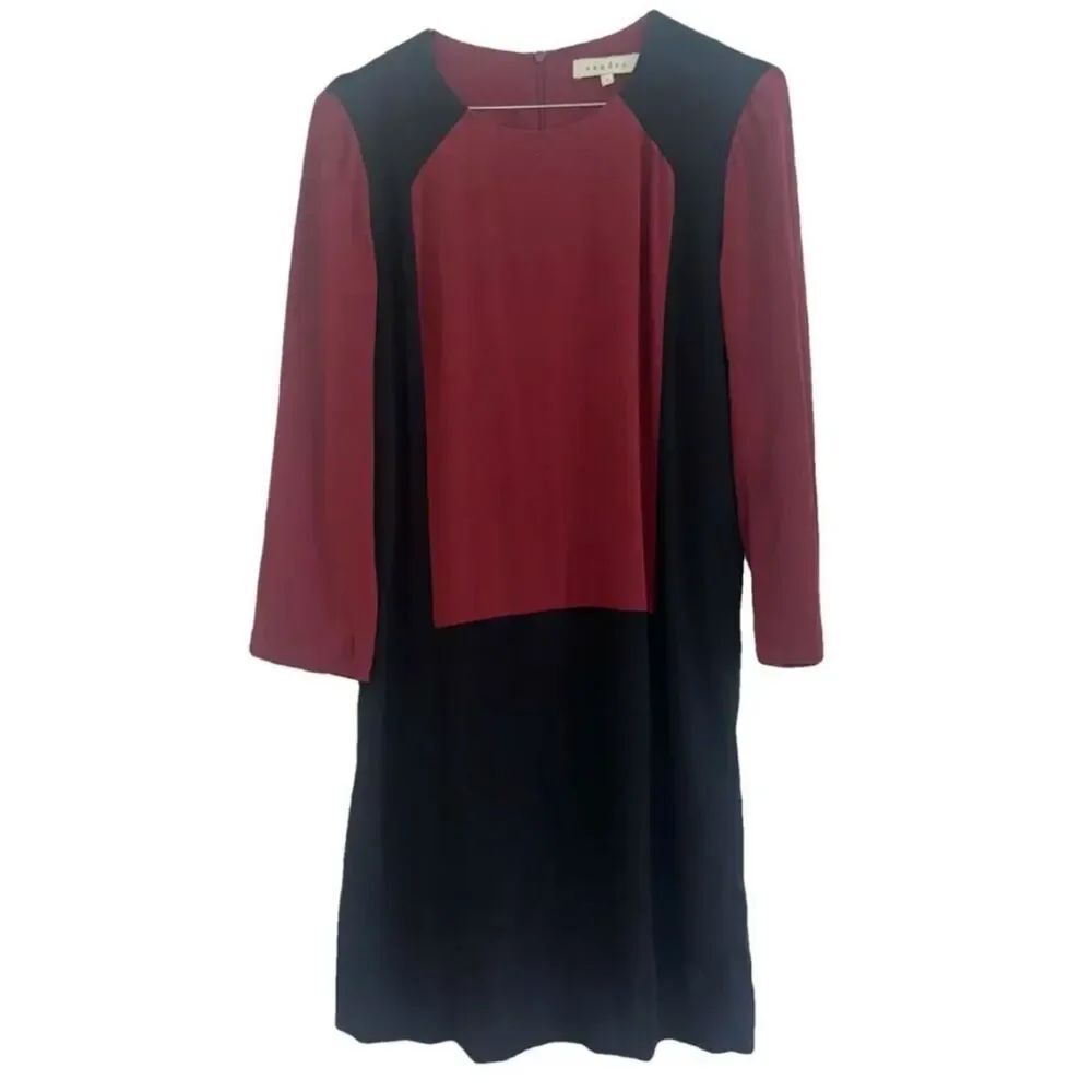 Sandro Two-Tone Long-Sleeve Shift Dress in Maroon and Black size 2